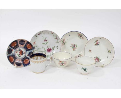 A Liverpool tea bowl and saucer, painted with flowers, blue border, circa 1800, and other items, including Worcester, Derby (