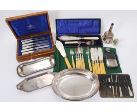 Selection of miscellaneous silver plate including wine funnel, fish servers, spirit flask, snuffer trays and other items