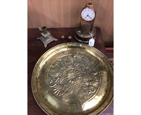 Tiffany clock, with a brass Keswick dish and a brass candlestick