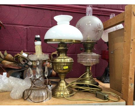 Victorian brass oil lamp, converted electric light oil lamp and converted electric glass candle light