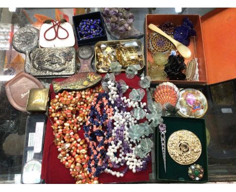 Group bead necklaces including cultured pearl and amethyst, three Scottish brooches, Chinese metal box and small hand mirror,