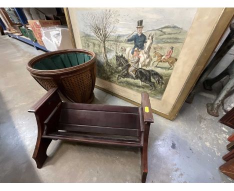 Art Nouveau patent adjustable book trough, caned waste paper basket and a John Leech hunting print