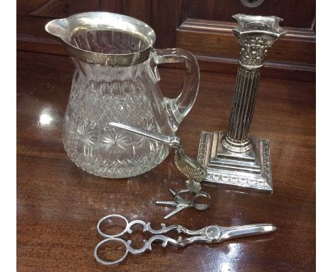 Silver mounted cut glass jug, good quality silver plated candlestick and two pairs of plated scissors