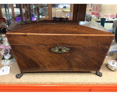 Regency mahogany sarcophagus shape tea caddy, vintage top hat in case and a pewter jug 