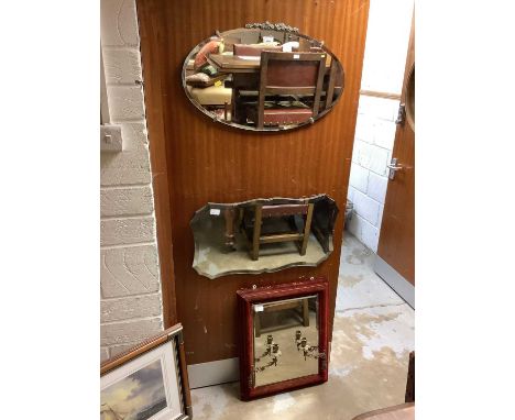 Two bevelled hanging wall mirrors together with a velvet girandole mirror