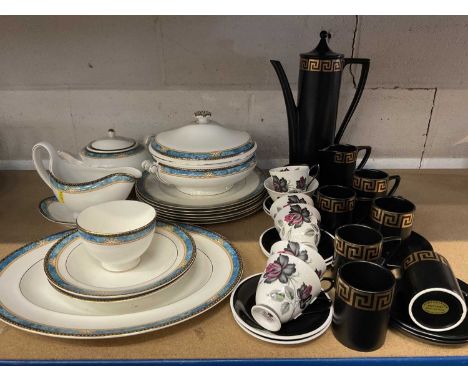 Portmerion gold and black Greek Key coffee set, together with Wedgwood Curzon dinner service and a Royal Albert Masquerade co