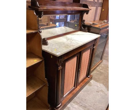 Regency rosewood chiffonier with raised mirror/shelf back, marble top, frieze drawer and cupboards below, 97cm wide, 40cm dee