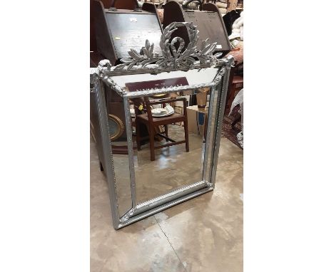 Antique French wall mirror with silvered frame, peripheral mirrored border, 86cm x 124cm