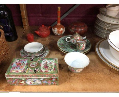 Canton enamel box and cover and other oriental itemsThe lacquered pot has some damage. The rice bowl has a nick on the rim. T