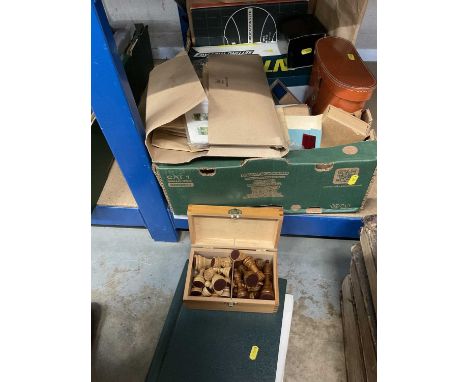 Quantity of stamps, pair of binoculars, Pulsar wristwatch and a wooden Staunton pattern chess set