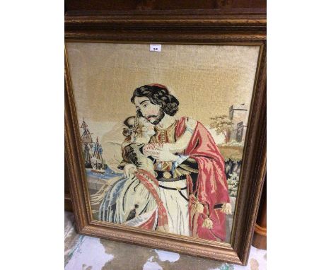 19th century Berlin woolwork tapestry, depicting a scene of departing naval man and his lass, glazed frame, 102 x 87cm