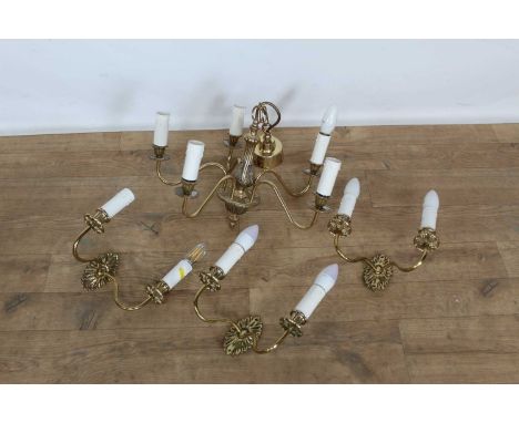 Antique-style brass hanging electrolier and three matching twin light wall brackets, with shades