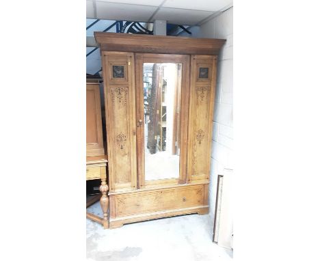 Victorian ash wardrobe with painted panels, central mirror door and single drawer below, 128cm, 52.5cm deep, 202cm high