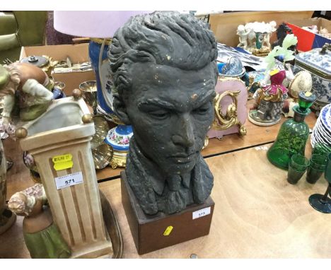 Plaster bust of a gentleman, mounted on wooden base, 43cm high, believed to be a self portrait bust of the artist Joseph Robi