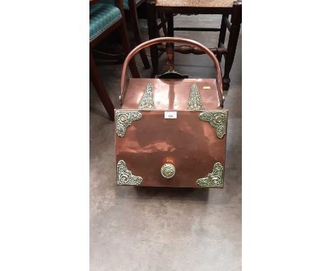 Copper coal scuttle, brass jam pan, and a mirror