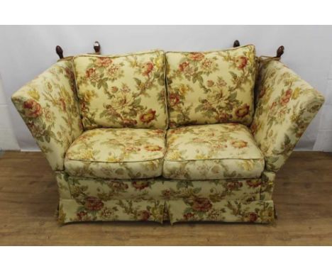 Knole sofa, typical square form with oak acorn turned finals and foliate upholstery, approximately 175cm wide