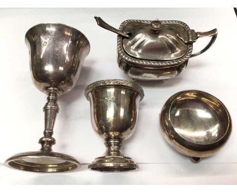 Group of silver to include mustard pot and spoon, salt, egg cup and challisTotal weight (excluding blue glass liner) 8.7oz