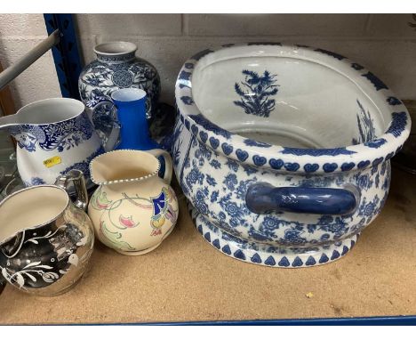 Victorian-style blue and white foot bath and decorated china to include Spode jug