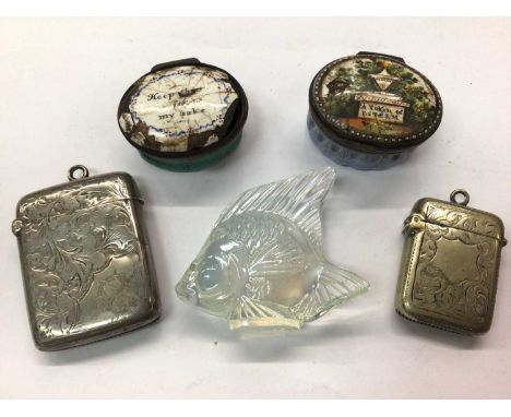 Two 19th century enamel patch boxes, silver vesta, another plated vesta and modern Lalique fish paperweight