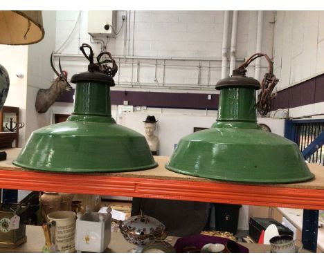 Pair of green enamel pendant ceiling lights, 41cm diameter