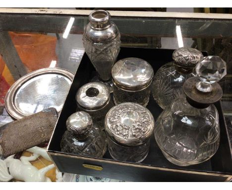 Group of silver topped glass scent bottles/jars, silver mounted mirror and wallet 