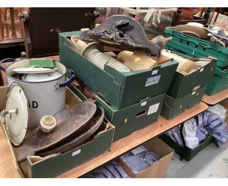 Sundry items, including salt glazed stoneware, enamel ware, carved eagle wall bracket, ceramic jelly moulds, etc (5 boxes)