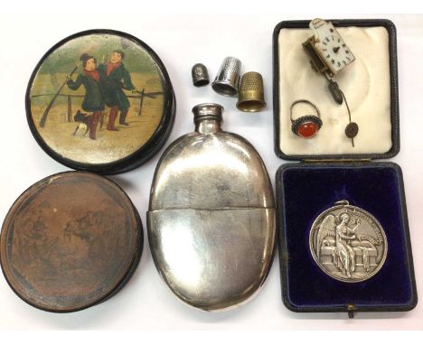 Silver plated spirit flask, two papier-mâché snuff boxes, medallion in fitted case and other items