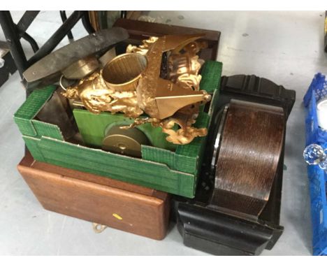 1930's oak mantel clock, spelter clock case and other clocks