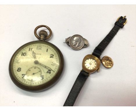 Second World War Grana G.S.T.P. Wristwatch, together with a Charles Horner silver brooch, later set with a coin and a gold pl