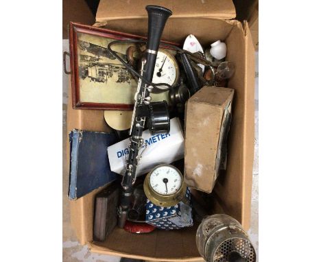 Box of sundry items, including a Boosey clarinet, gauges, books, etc