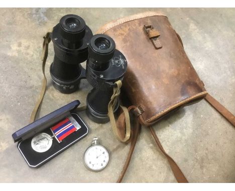 WW2 National Service Medal, Bravingtons stopwatch with broad arrow mark, and a pair of binoculars in case with broad arrow ma