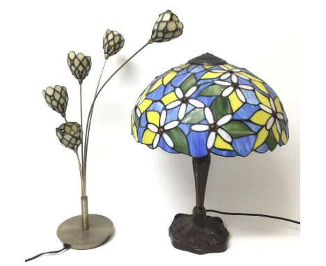 Tiffany style table lamp with blue, yellow and green floral shade and one other (2)