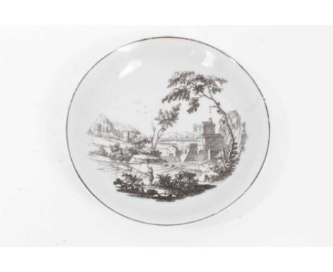 18th century Worcester saucer, printed in black by Robert Hancock with ruins, circa 1765, 12cmA few small rim chips and some 