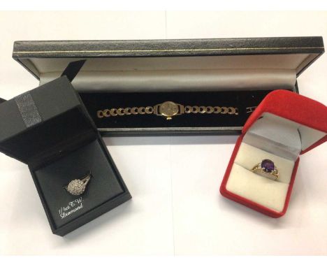 9ct gold Rotary wristwatch on 9ct gold bracelet, 9ct gold amethyst ring and silver diamond cluster ring9ct gold watch weighs 