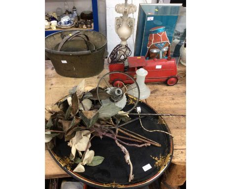 Sundry items, including an alabaster lamp, brass pans, 1930s artificial flowers, large papier mache tray, an unusual bead and
