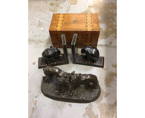 Cast metal sculpture of greyhounds, Ceylon elephant book ends, wooden tea caddy and sundries