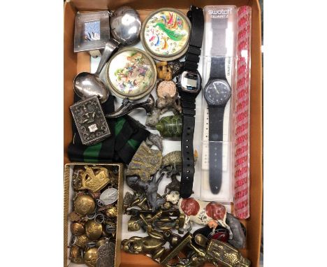 Silver compact, silver shoe pin cushion (lacking the cushion), silver spoon, Eastern vesta case, two wristwatches, Victorian 