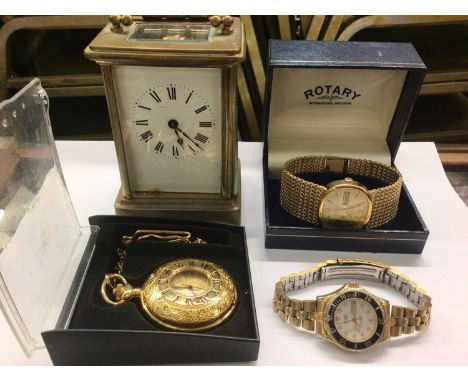 Brass carriage clock, Rotary gold plated wristwatch in box, one other wristwatch and gold plated pocket watch on chain