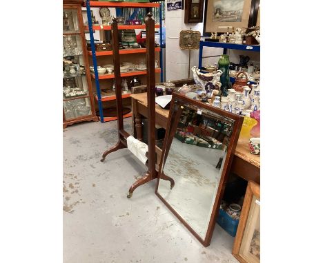 Edwardian mahogany cheval mirror with inlaid decoration and bevelled plate