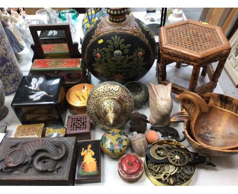 Chinese cloisonné round box, Eastern brass hanging lantern/incense burner, metal wares, treen and other items