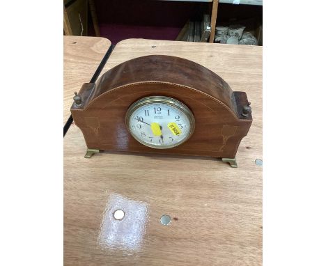 Mahogany inlaid mantel clock, two silver plated trays, and an inlaid wooden tray