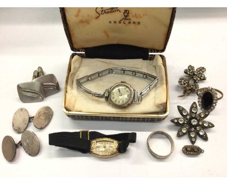 Vintage ladies 9ct gold wristwatch on black ribbon strap, silver cased watch, pair silver cufflinks, silver ring and small gr
