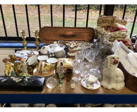 Group of china, glassware, metalware, textiles, etc, including a Royal Worcester candle snuffer and other figures, a small Me