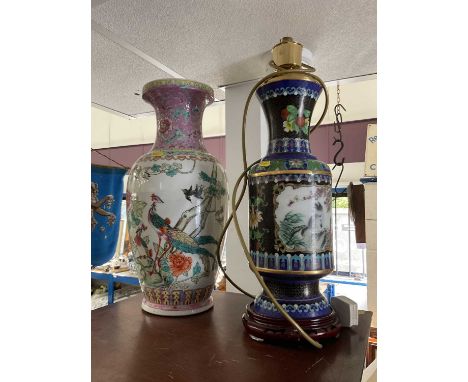 Chinese cloisonné lamp, together with a Chinese porcelain vase (2)