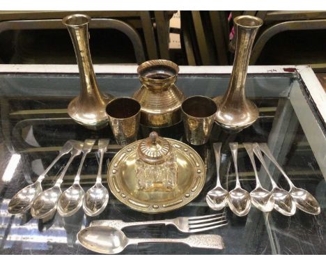 Five Georgian silver teaspoons, silver spoon and fork set, four silver plated teaspoons and a group of brass ware Silver weig