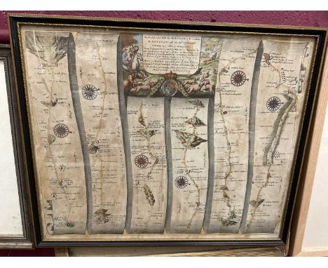 18th century road map - London to Barnstable, 37 x 45cm, glazed Hogarth frame