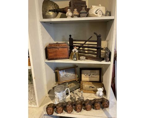 George III tea caddy, Victorian novelty pipe stand pipe and sundry items To include four Stevengraphs, china, plated items, a