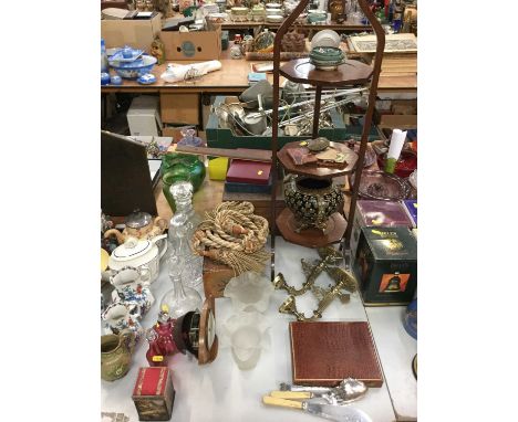 19th century cut glass decanter, other decanters and glass, mahogany collapsable cake stand, group of pin cushions, jewellery