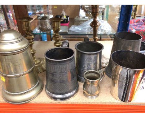 18th century Queen Anne style brass candlestick, together with another pair of candlesticks, two Victorian pewter tankards an