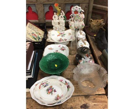Group of 19th century Crown Derby floral painted dinner wares, including a pair of tureens, together with Staffordshire figur